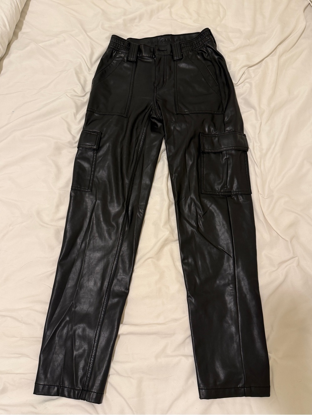 American Eagle Black Faux Leather Cargo Pants